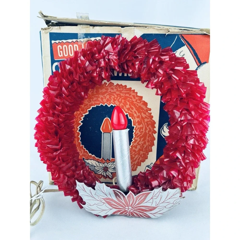 Vintage Good-Lite Electric Wreath of Red Sparkling Cellophane‎ Light Christmas